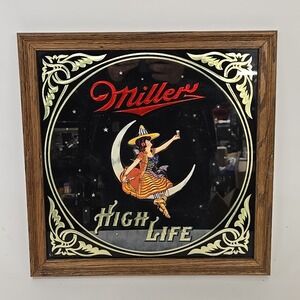 Vintage 1980s Made In USA Miller High Life Lady On Moon Advertising Mirror 14x14